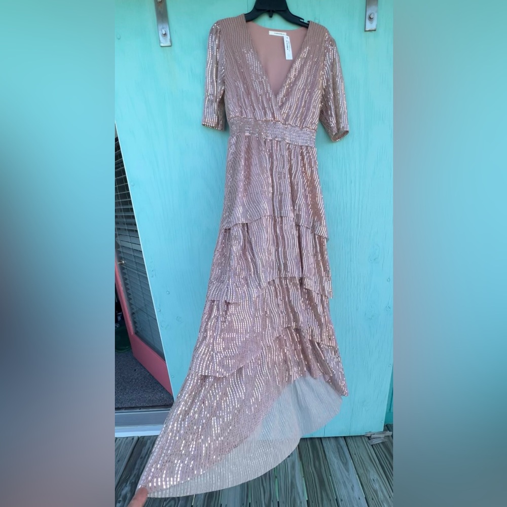 Soft sequined pale champagne tiered dress.